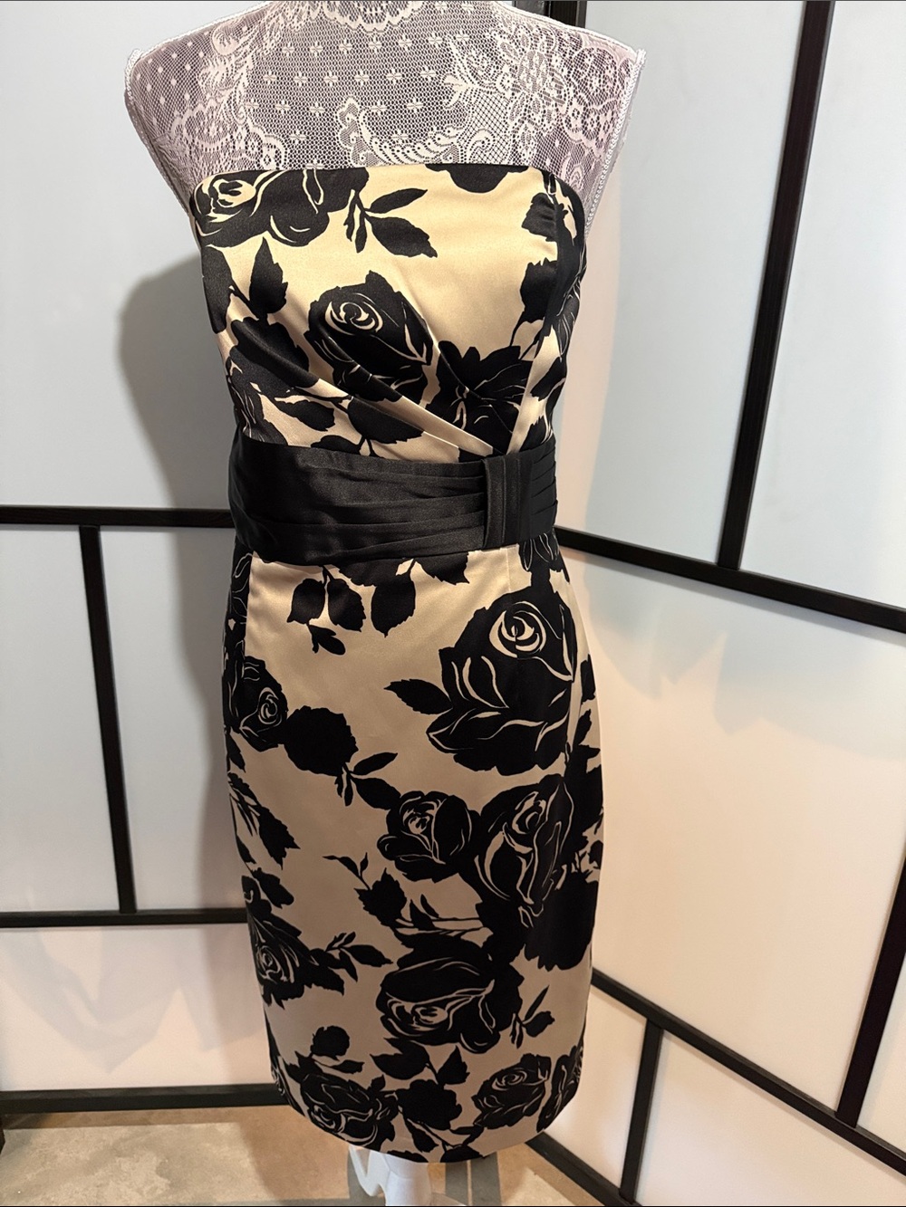 White House Black Market Black and Tan Strapless Floral Sheath Dress